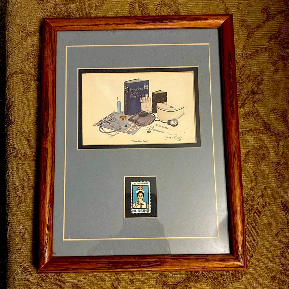 Matted framed in oak nursing print with primal postage stamp